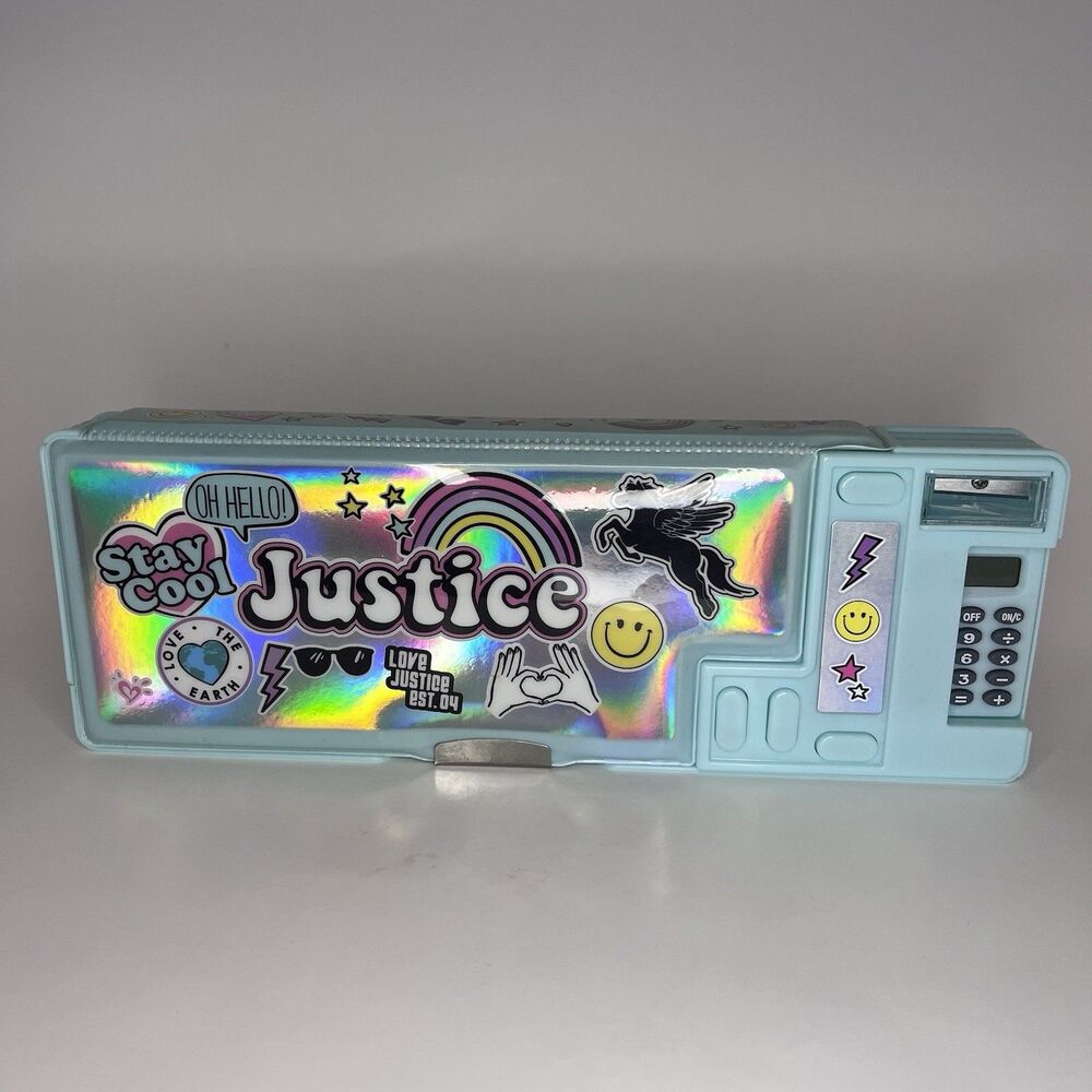 Justice Pencil Case Light Blue W/ Sharpener, Calculator, 2 Large Compartments